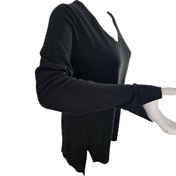 Loft Black Knit Sweater Deep V Neck Pullover Long Sleev eHigh Low Womens M - Picture 1 of 10